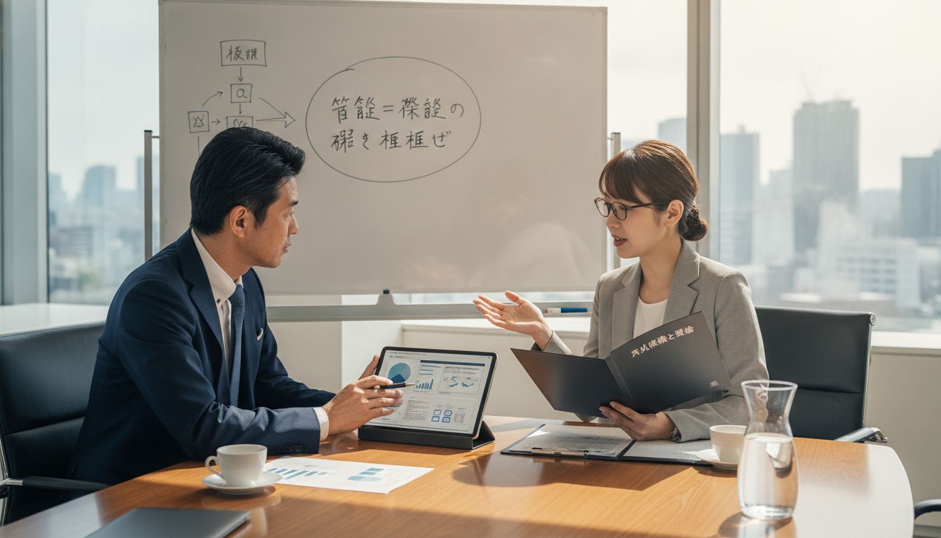 法人保険による節税を検討する経営者と税理士